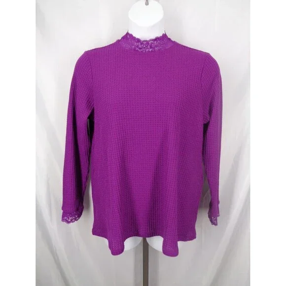 LOGO Lori Goldstein Purple Metallic Waffle Knit Mock Neck Top Lace Sz Large New - Picture 2 of 15
